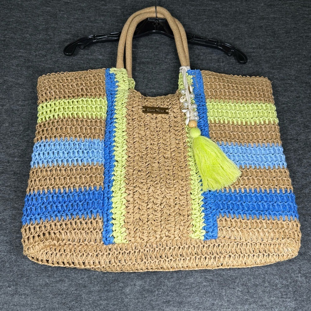 Shore Thing Woven Straw Beach Tote Bag‎ Striped Blue Lime Green Shell Tassel - Picture 2 of 12